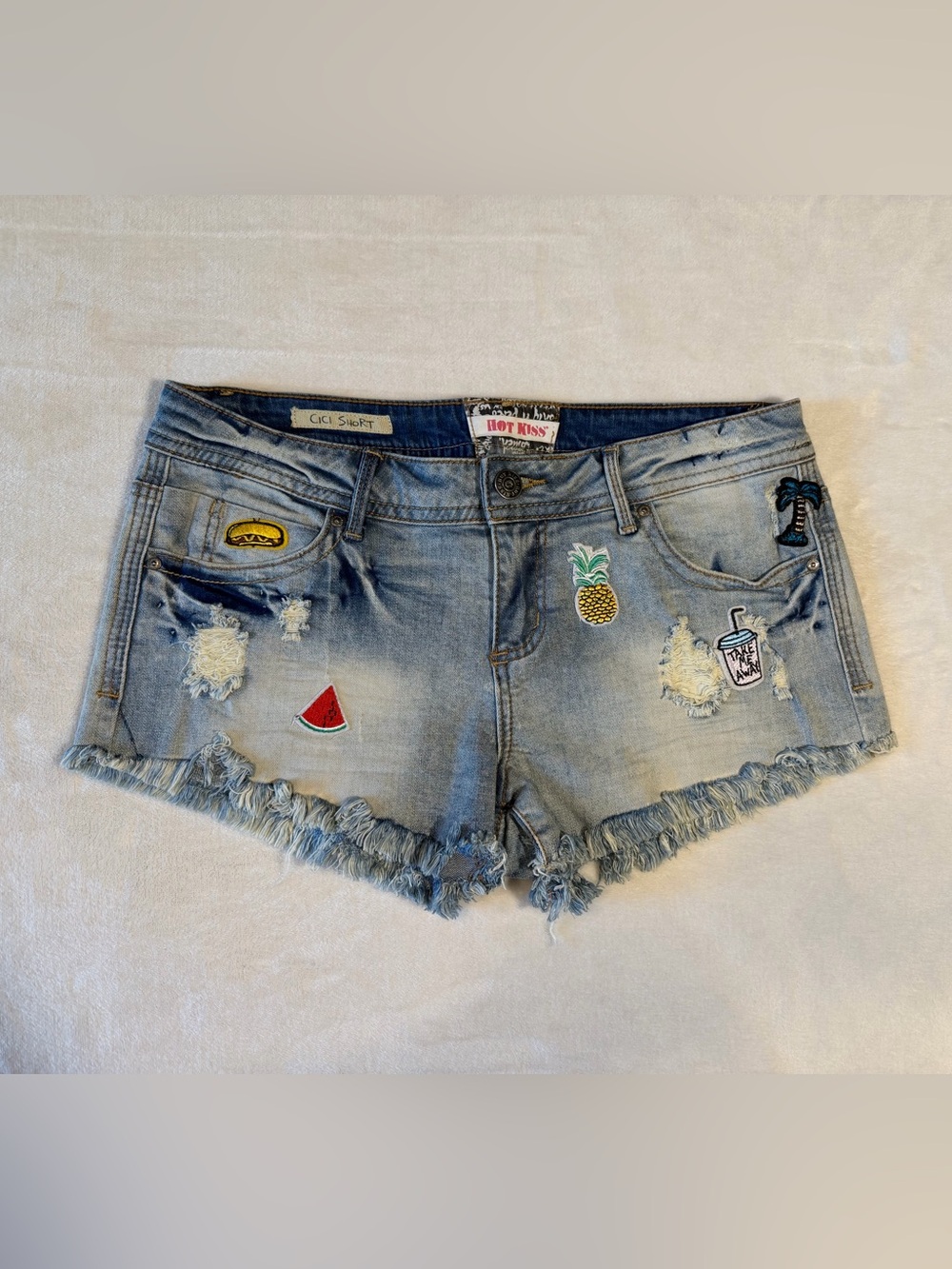 Hot Kiss Light Blue Distressed Denim Shorts with Fruit & Novelty Patches